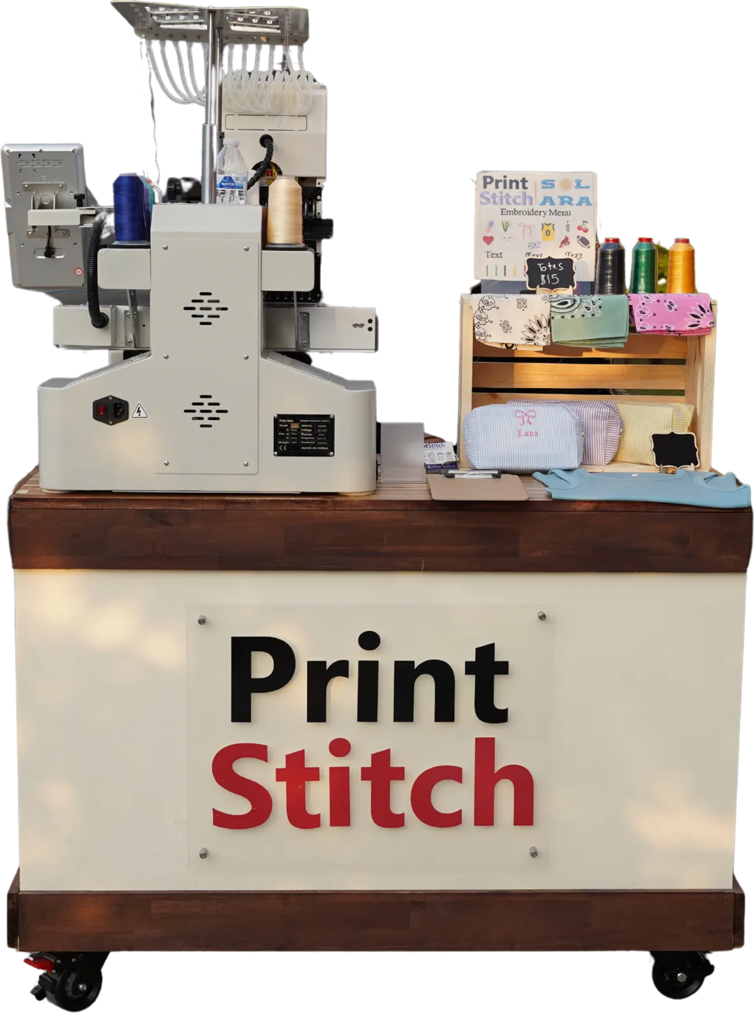 The PrintStitch live embroidery cart we bring to events in Greenfield, Indiana